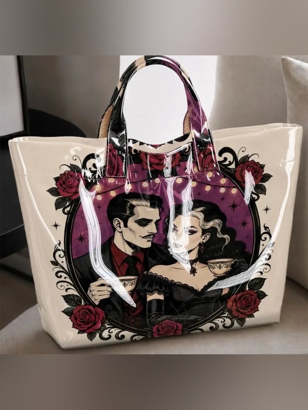 Gothic Romance Graphic Tote - Cream, Black & Purple